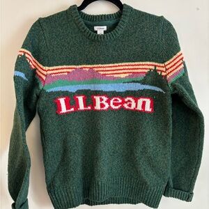 L.L.Bean Forest Green Lamb’s Wool Crewneck Sweater with Multicolor Scenic Stripe